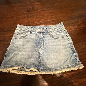 American Eagle Outfitters Denim Mini Skirt with Lace Trim